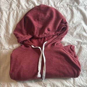 Maroon Pullover Hoodie with White Drawstrings and shoulder cut out